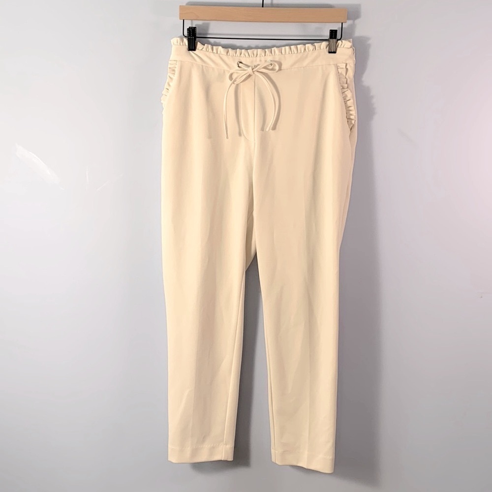 Worthington size 8 cream ecru ruffle top pocket trousers slacks ankle